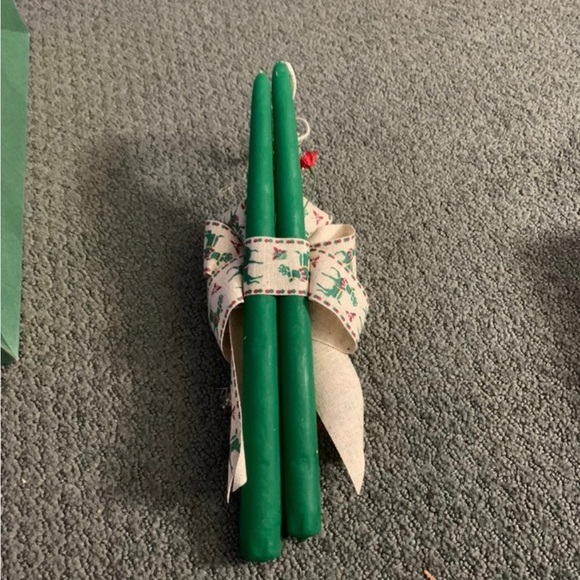 Homemade Decorative Holiday Tall Green Candles with Ribbon & Faux Flowers - Picture 2 of 5